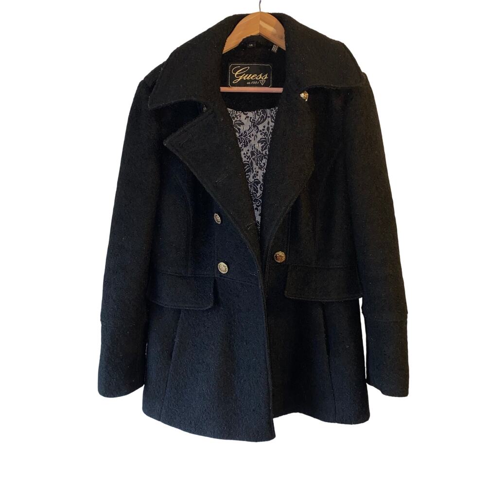 Vintage Guess Wool Blend Y2K‎ Pea Coat SZ L Fuzzy Lined Gold Button Goth 90’s